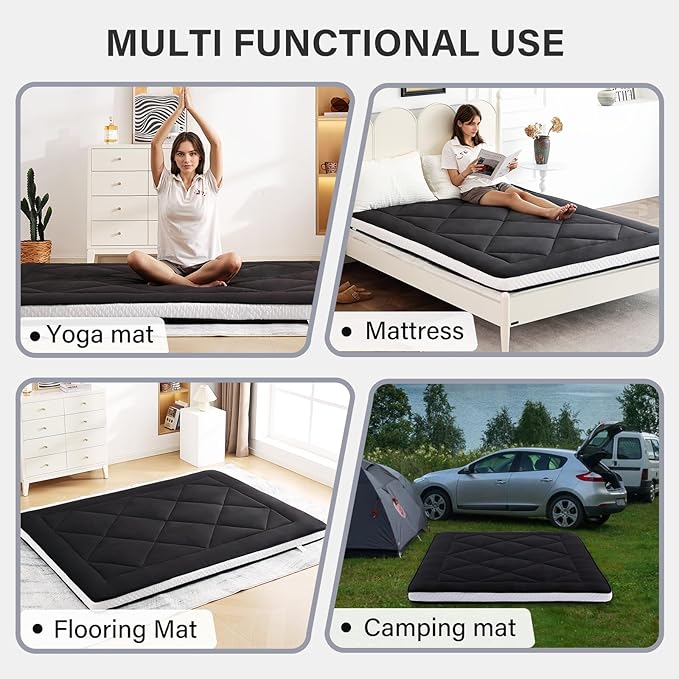 Welnow Japanese Futon Floor Mattress, Thick Twin Size Tatami Mat Portable & Foldable Roll Up Floor Bed Mattress with Storage Bag, Sleeping Pad for Adults, Dorm, Guest Bed, Camping and Travel, Black
