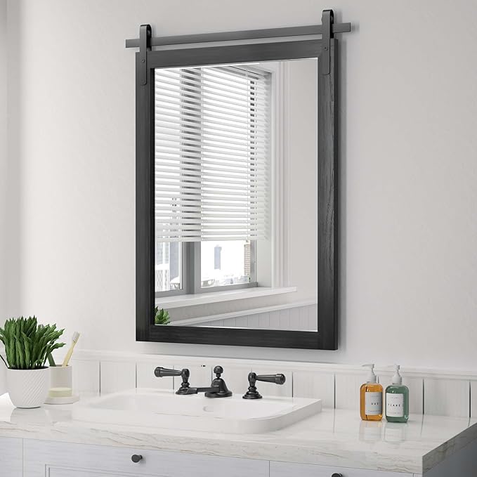 PAIHOME Black Farmhouse Mirror for Bathroom, 22x30INCH Wood Framed Rectangle Bathroom Mirrors for Vanity, Barn Door Style Mirrors Wall Mounted Dresser Decor Mirror Living Room Bedroom Vertical