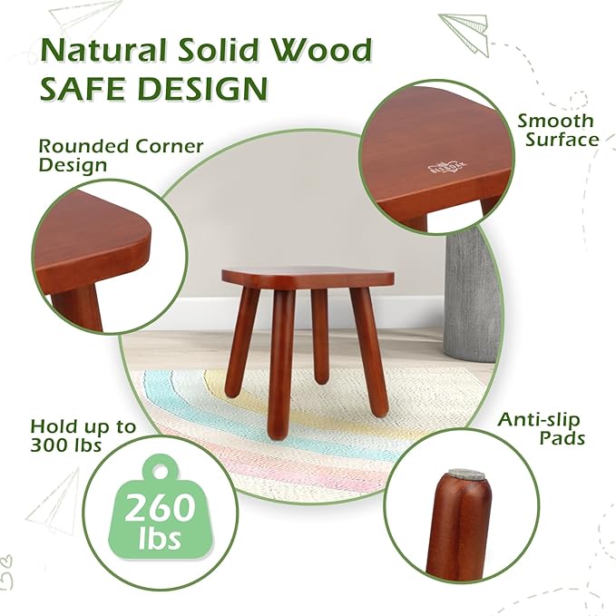BEE&OAK Wooden Step Stools for Adults, Solid Rubber Wood Non-Slip Step Foot Stool, Heavy Duty 300 lbs One Step Stool for Bedroom, Bathroom, Kitchen (Red-Brown, 9.25" (D) x 9.25"(W) x 8.86"(H))