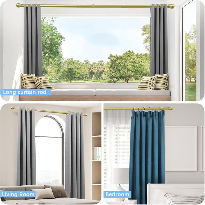 Curtain Rods for Windows 16 to 150 Inches, Curtain Rod Max Adjustable Length of 160 IN, 1" Diameter Drapery Rods Round Finials, Warm Gold, Pack of 1