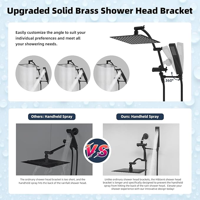 Hibbent All Metal 12'' Rainfall Shower Head, Dual Shower Head Combo, High Pressure Handheld Shower Wand, 16'' Adjustable Arc-shaped Shower Extension Arm, 71'' Hose, Showerhead Holder, Matte Black