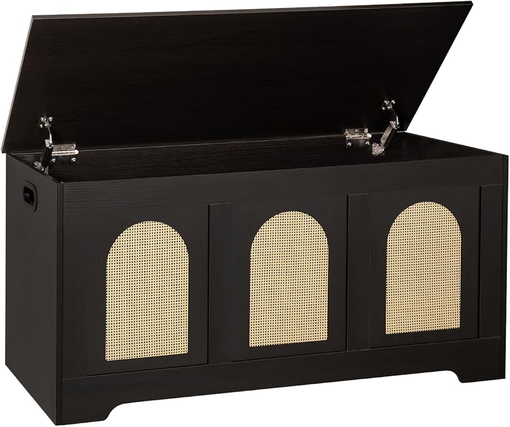 DINZI LVJ Storage Chest, 39.4" Rattan-Like Storage Box with 2 Safety Hinges, Wooden Entryway Shoe Bench with Flip-Top, Bedroom, Easy Assembly, Espresso and Natural
