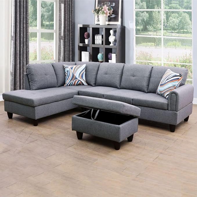 Grey-1 L-Shaped 3-Piece Linen Sofa with Storage Ottoman Set, Sectional Couch Sofa Set for Living Room, Office, Small Space