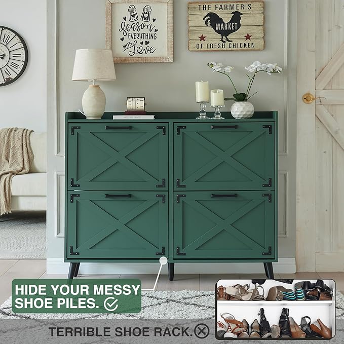 Shoe Storage Cabinet,Farmhouse Shoe Organizer with 4 Flip Drawers & Barn Door Design,Freestanding Hidden Slim Narrow Shoe Rack Cabinet for Entryway,Foyer,Hallway,Green