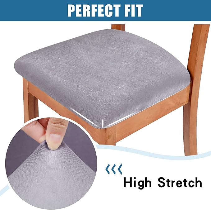 Smiry Velvet Seat Covers for Dining Room Chair Set of 6, Stretch Fit Removable Washable Chair Seat Cushion Protector Slipcovers with Ties, Light Grey
