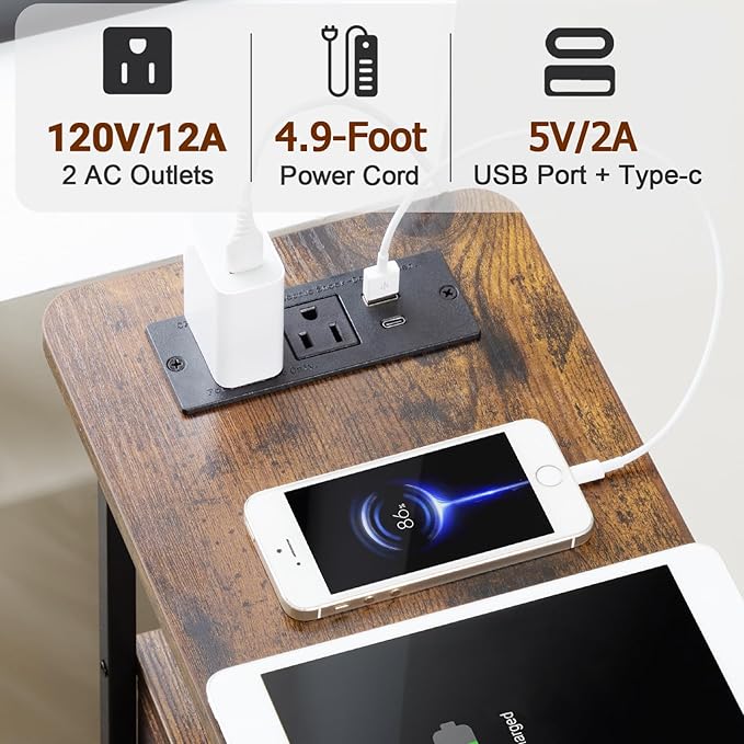 Narrow End Tables Living Room Set of 2 with Charging Station, Skinny Side Table with Fabric Drawers, Slim LED Nightstand for Bedroom, Small Spaces, Couch, Rustic Brown, HETNDP03LPBR