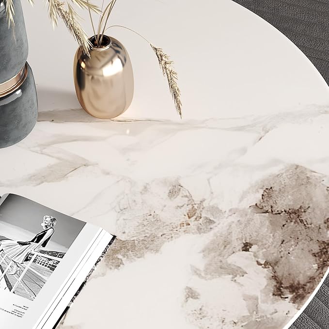 Round Faux Marble Dining Table Modern 32 Inch Kitchen Table with Black Metal Legs for Dining Room Kitchen
