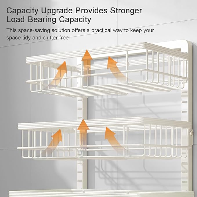 4-Tier Kitchen Storage Cart, Metal Utility Rolling Cart with Wheels, Versatile Rolling Storage Snack Cart, Adjustable Fruit Vegetable Basket Rack for Pantry, Bathroom, Kitchen, Office (Milky White)