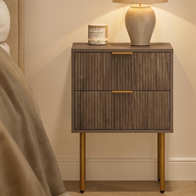 Masupu Night Stand,Mid-Century Modern Bedside Table with 2 Storage Drawer,Small Gold Frame Side End Table for Bedroom,Living Room, Grey