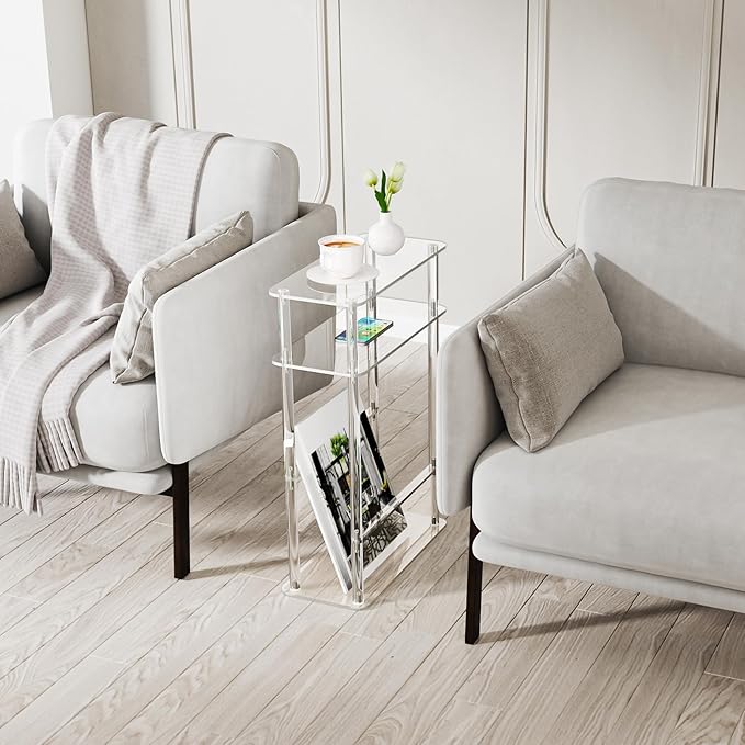 HMYHUM Acrylic Narrow End Table for Small Spaces with Magazine Holder, Slim Side Small Nightstand/Bedside Table for Living Room, Bedroom, 3 Tier, 15.7" L x 7" W x 23" H, Clear