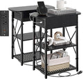 Narrow Side Table with Charging Station, End Tables Set of 2 for Small Spaces, Flip Top End Table with Storage, Black End Tables Living Room, Nightstand Set 2 with Drawer for Bedroom