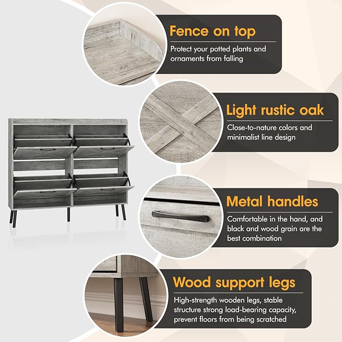 Maupvit Large Shoe Storage Cabinet with 4 Flip Drawers, Narrow Shoe Cabinet for Entryway with Wooden Legs, Freestanding Hidden Shoe Rack Organizer ＆ Metal Hinges, Light Rustic Oak