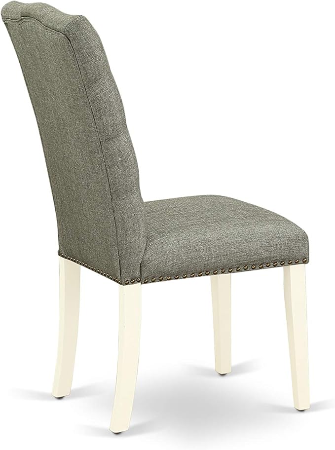 East West Furniture ELP2T07 Elsa Parson Dining Room Chairs - Button Tufted Nailhead Trim Gray Linen Fabric Padded Chairs, Set of 2, Linen White