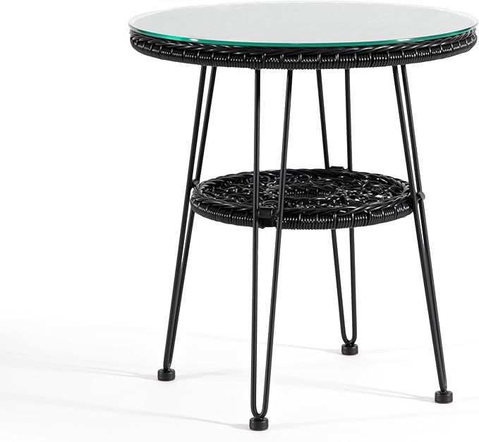 Muse & Lounge Co. Ysar Boho 19-inch Round Coffee Table Outdoor with Tempered Glass Top and Metal Frame, Handcrafted Coastal Furniture for Patio, Poolside, Garden, Yard, Black