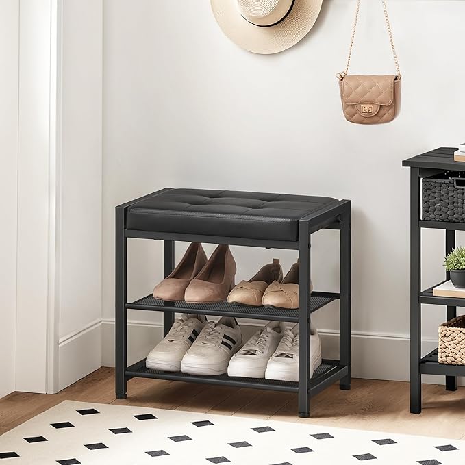 HOOBRO Small Shoe Bench, 3-Tier Shoe Rack, Shoe Storage Bench with PU Seat Cushion, Entryway Shoe Rack Bench with Metal Mesh Shelves, Freestanding Shoe Organizer for Hallway, Black BB33HX01