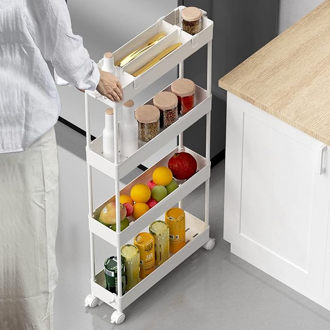 SPACELEAD Slim Storage Cart 4 Tier,Bathroom Organizer Rolling Utility, Mobile Shelving Unit Slide Out for Office, Kitchen, Laundry Room & Narrow Places,White