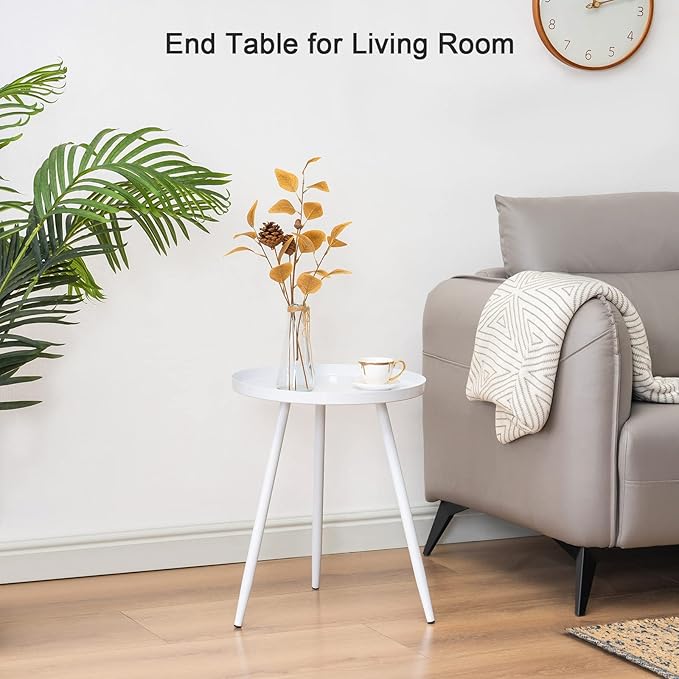 Apicizon 16" Round Side Table, White End Table for Living Room, Bedside, Mid Century Modern Coffee Table or Circle Accent Table for Small Spaces, Metal Nightstand (White)