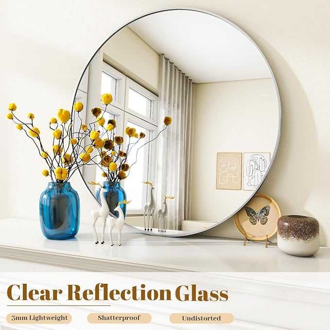 Silver Round Bathroom Mirror, 30 inch Circle Wall Mounted Hanging Mirror with Simple Modern Circular Metal Frame for Hallway, Entryway, Living Room, Silver Frame