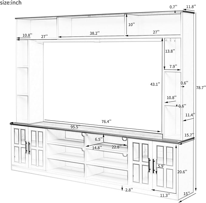 95.5" Entertainment Wall Unit Set with Bookshelves, Modern TV Stand for Televisions Up to 80", Large Media Console with Cabinets and Tempered Glass Doors for Living Room
