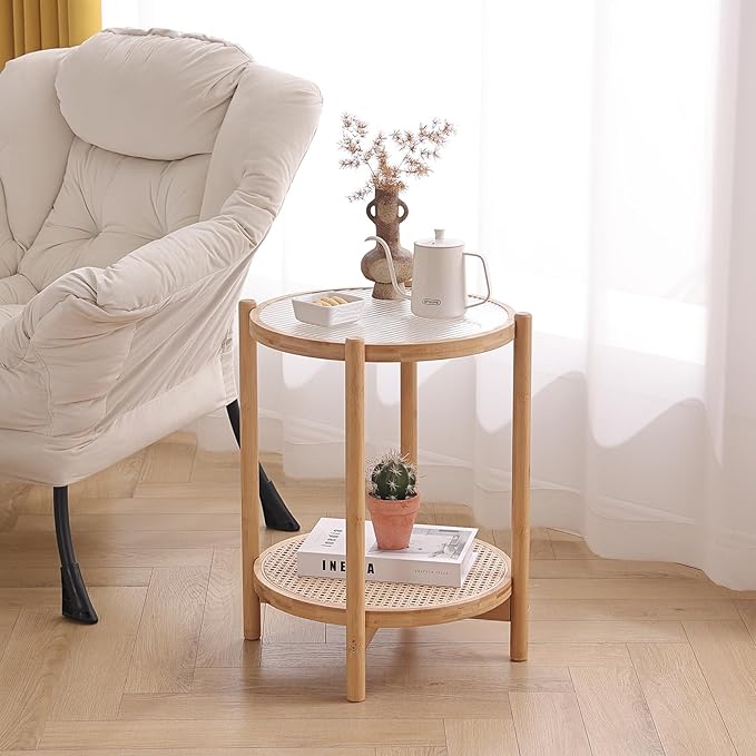Tiita Rattan Nightstand Side Table, Bamboo Accent Bedside Tables, Glass Coffee Tables, Boho Wooden End Table with Storage for Small Space, Living Room and Bedroom