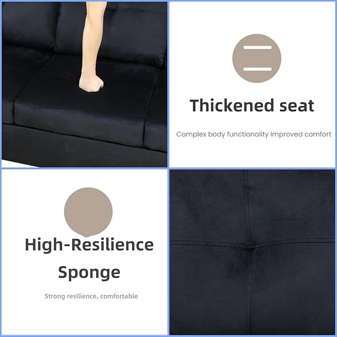 L Shaped Sectional Couches for Living Room, Modern Modular Sectional Sofa with Ottoman Storage, Comfy L Shaped Couch with Chaise for Bedroom Apartment Furniture, Black
