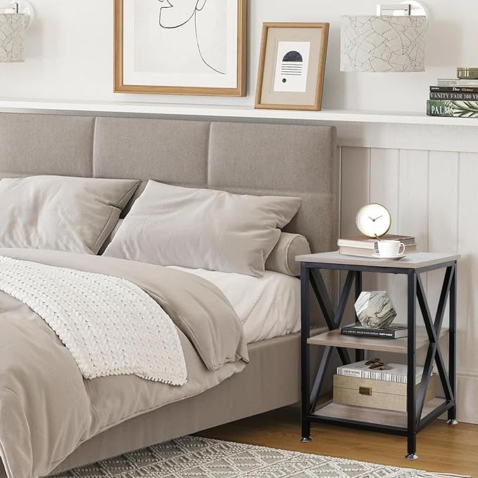 End Tables Living Room Set of 2, 16" D x 16" W x 24" H, Indoor Side Tables Living Room with Storage Shelf, Square End Table Set of 2, X-Shaped Night Stands for Bedroom, Farmhouse Wood End Tables, Grey