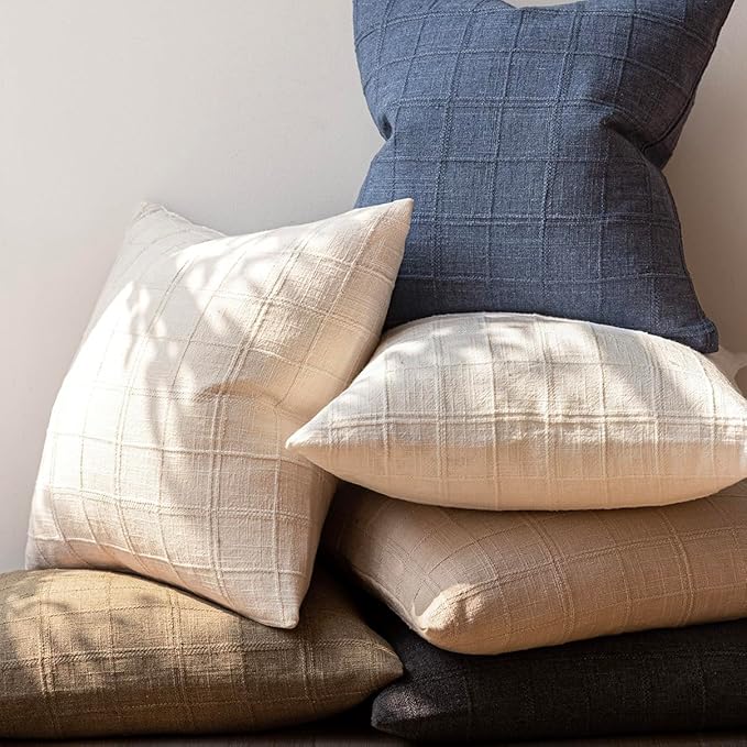 Foindtower Set of 2 Decorative Linen Check Throw Pillow Covers Neutral Farmhouse Vintage Cushion Covers Modern Boho Home Decor For Sofa Chair Couch Bedroom Living Room Outdoor,26×26 Inch,Natural Beige