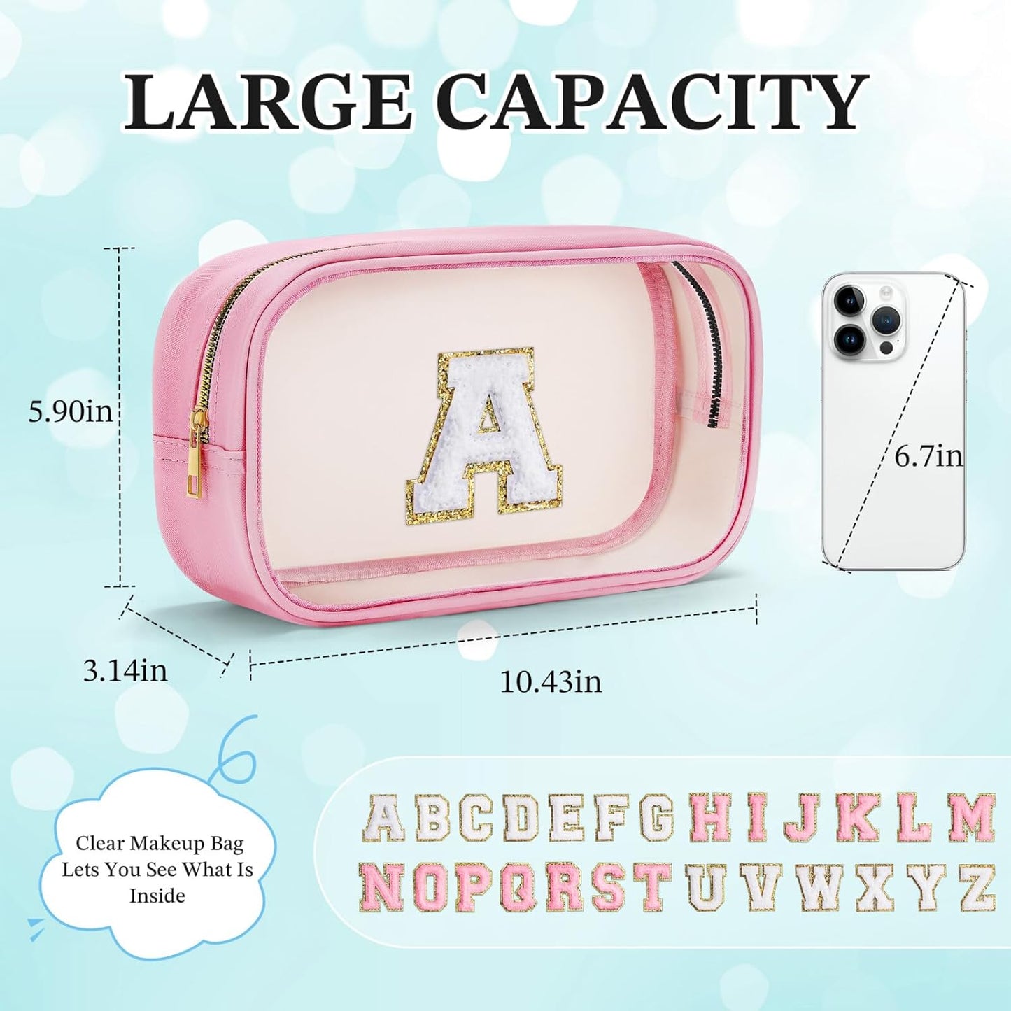 YOOLIFE Initial Make Up Bag Travel Toiletry Bag, Clear Makeup Bag Preppy Cosmetic Bags Organizer Travel Essentials Pink Gifts for Women Teen Girlfriend Teacher Mom Birthday Mothers Day Gifts E