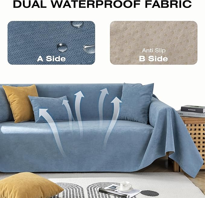 STACYPIK 100% Waterproof Blue Couch Cover for Pets, Sectional L Shape Sofa Cover for 2 Cushion Couch, Anti-Cat Scratch Furniture Protector Cover, Anti Slip Sofa Throw Cover for Dogs Kids-71x102IN