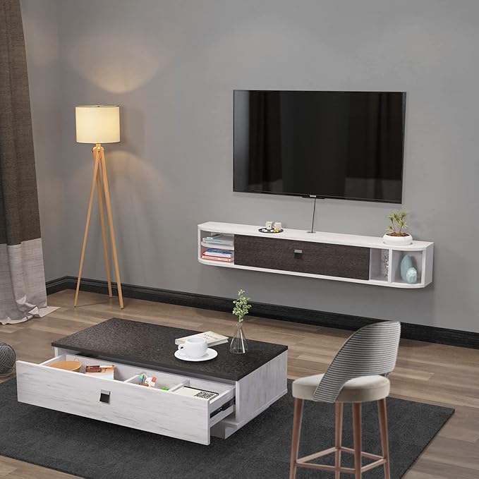 Pmnianhua Modern Wall Mounted TV Console with Storage - 70'' Under TV Shelf, Floating Entertainment Center for Bedroom & Living Room (Gray-White)