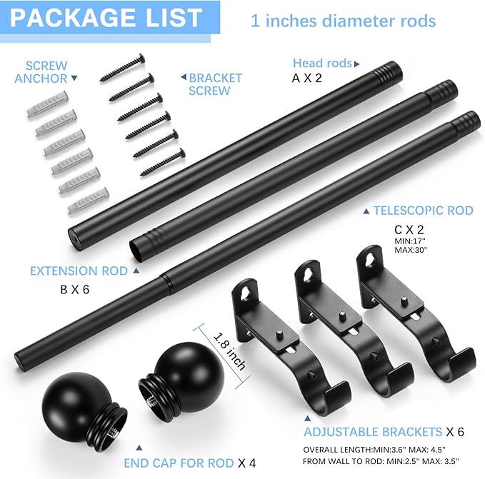 Curtain Rods for Windows 16 to 76 Inches, Curtain Rod Max Adjustable Length of 88 IN, 1" Diameter Drapery Rods Round Finials, Black, Pack of 2