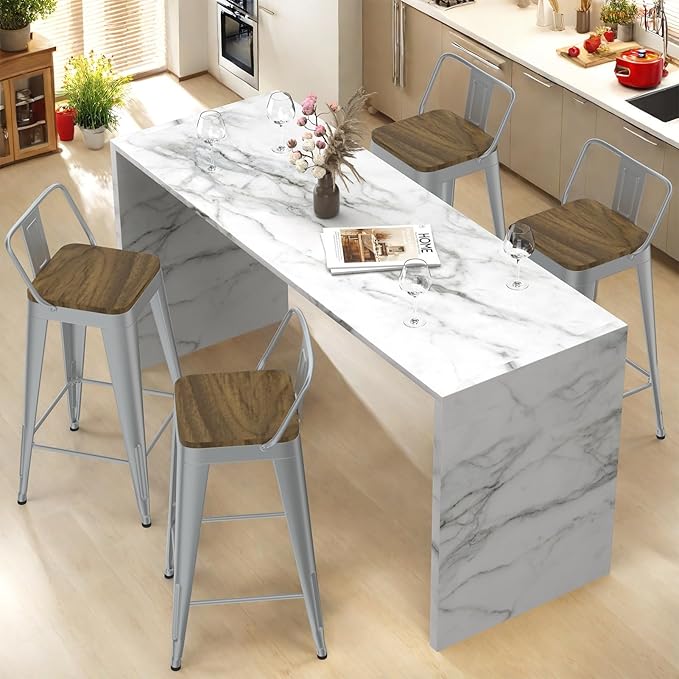Silver Bar Stools Set of 4, Metal Bar Stools with Wooden Seat, Modern 30”Counter Height Barstools with Low Back