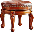 Solid Wood Foot Stool Round Ottoman Mid-Century Footrest Sofa Stool with Microfiber Leather Cushion for Living Room, Bedroom, Entryway (Brown)