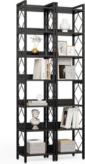 LITTLE TREE Book Shelf Set of 2, 7-Tier Tall Bookcase, Wooden Display Shelves with Metal Frame for Living Room, Modern Narrow Standing Bookshelves for Bedroom, Black Office Shelf for Small Spaces