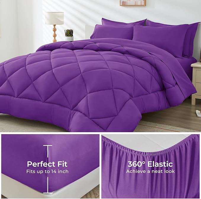 HEVUMYI Purple Queen Comforter Set - 7-Piece All Season Bed in a Bag Queen, Ultra Soft Bedding Set with Comforter, Flat Sheet, Fitted Sheet, Pillowcases, Pillow Shams