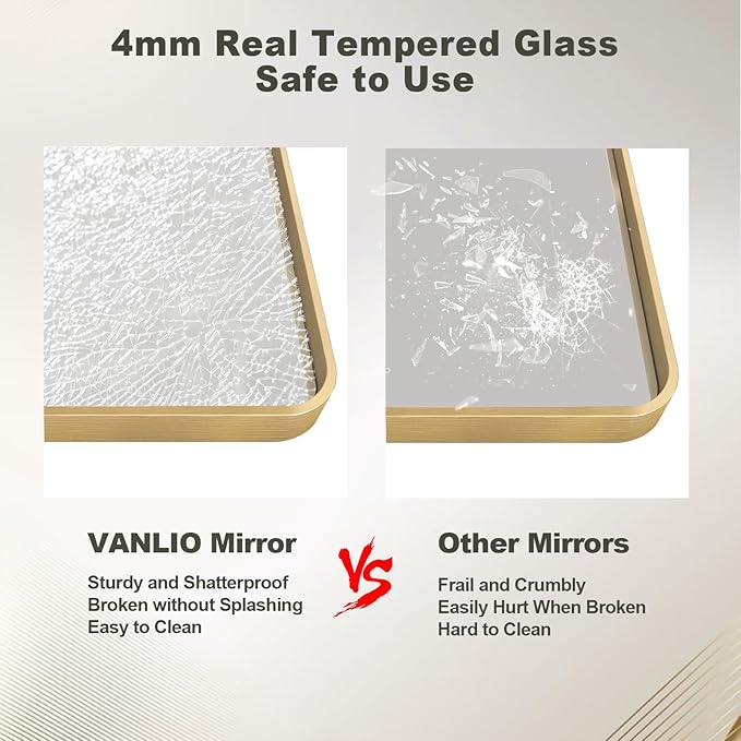 55x36 Inch Gold Framed Bathroom Mirror, Rectangle Brushed Gold Metal Vanity Mirror, Large Modern Mirror for Wall, Rounded Corner, Tempered Glass, Anti-Rust, Shatterproof (Horizontal/Vertical)