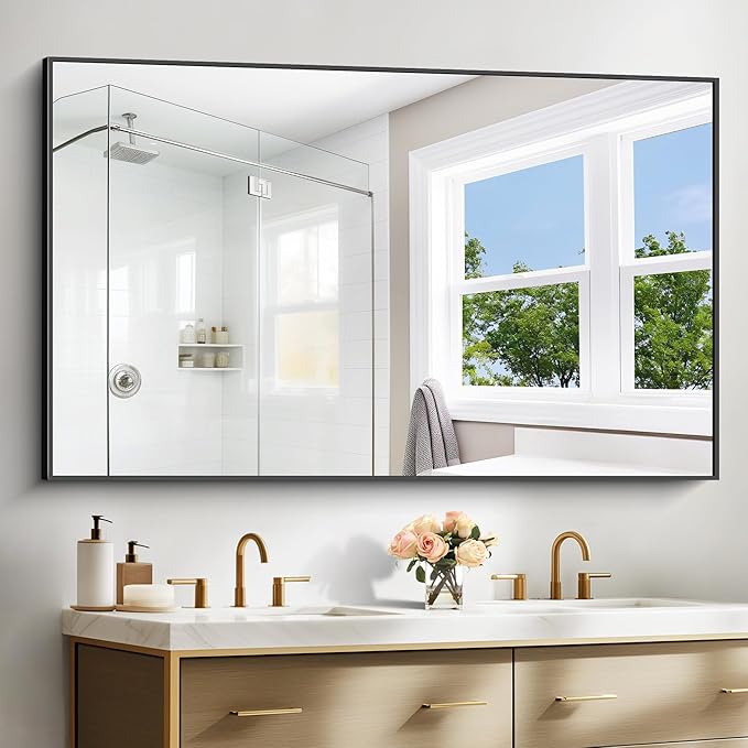 BONEWEI Bathroom Mirror,60x36 inch Large Wall Mirror for Bathroom Wall Mounted Black Rectangle Mirrors,Black Bathroom Mirror for Living Room,Farmhouse,Bedroom Entryway,Horizontal/Vertical