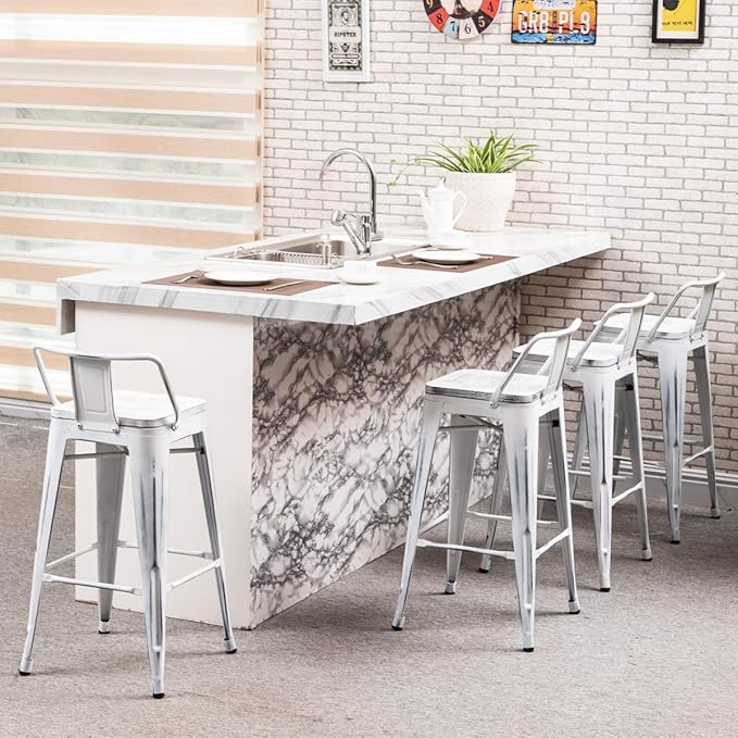 Yongchuang Industrial Metal Barstools Set of 4 Counter Height Bar Stools with Back (24" Seat Height Wooden Top Low Back, Distressed White)