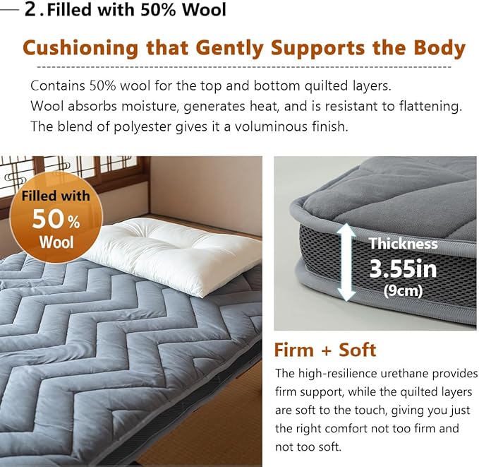 EMOOR Japanese Wool-Blend Padded Futon Mattress GOMA Twin Dark Gray, Gusset Foldable Sotrable Elastic Bands Floor Sleeping Guest Bed Tatami Mat