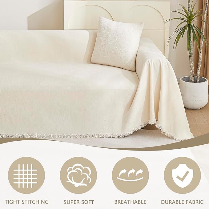 MYSKY HOME Couch Cover for Pets Beige Couch Covers for 3 Cushion Couch Sofa Couch Cover Sectional L Shape Chenille Couch Cushion Covers for Pets, Throw Couch for Dogs, Kids, 71" X150"