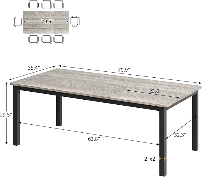 GarveeHome 70.8in Industrial Dining Table for 6, Wooden Long Dinner Table with Mortise Tenon Design, Kitchen Table with Sturdy Metal Legs, for Dining Room Home Office Living Room, Grey