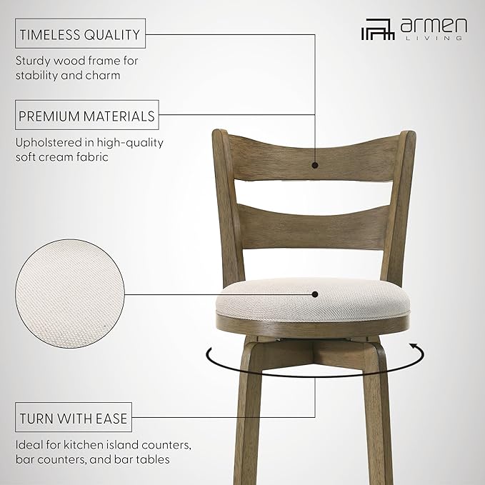 Armen Living Blair 26 in. Putty Brown Counter Height Rubberwood Swivel Barstool with Cream Fabric Seat - Set of 3
