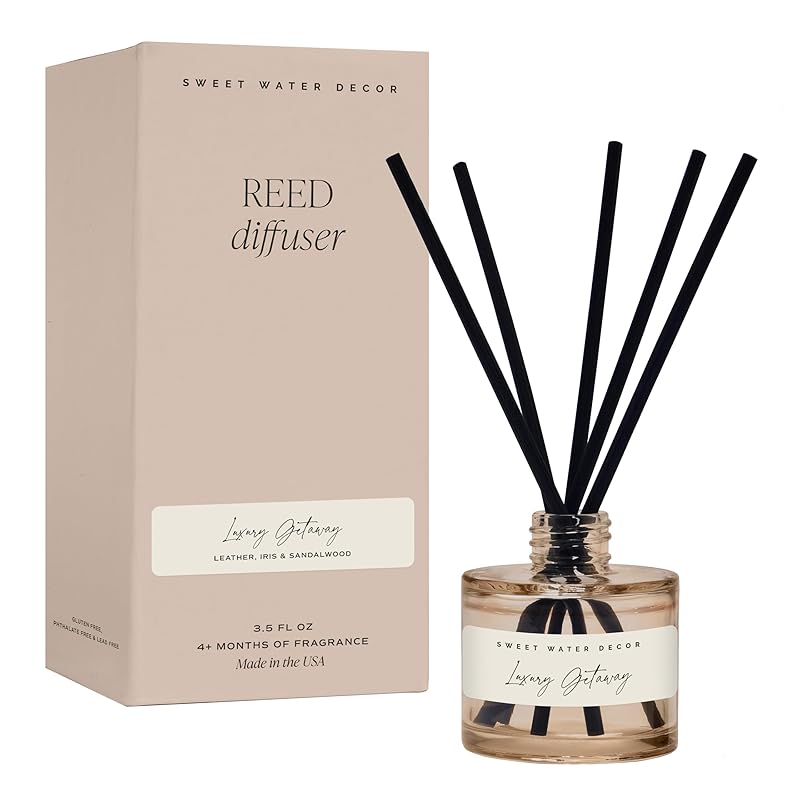 Sweet Water Decor Luxury Getaway Reed Diffuser – Hotel Scent Diffuser with Long-Lasting Premium Fragrance of Leather, Iris, Sandalwood for 4 Months – Ideal for Home Decor