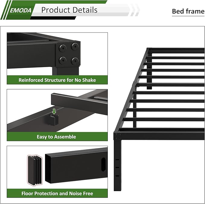 EMODA 18 Inch Tall Full Size Bed Frame with Large Storage Space, Easy Assembly Heavy Duty Metal Platform No Box Spring Needed, Noise Free, Black