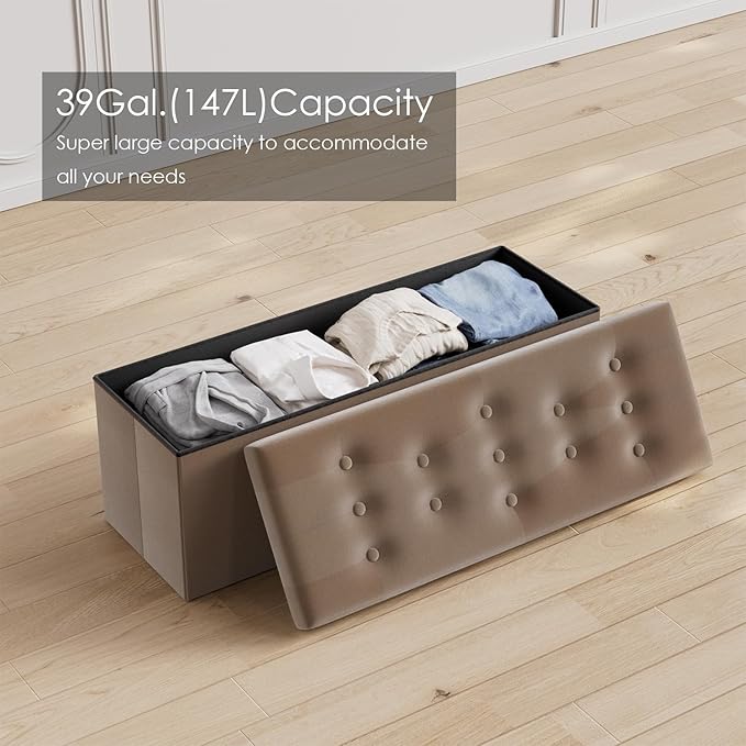 PRANDOM Jumbo Ottoman with Storage [1-Pack] Velvet Folding Small Square Foot Stool with Lid for Living Room Bedroom Coffee Table Dorm Dark Coffee 43x15x15 inches