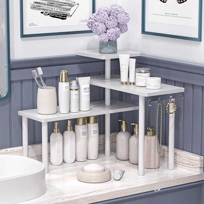 JayRex Bathroom Organizer Countertop Corner Shelf, 3 Tier Moveable Organizer for Make Up, Dresser Table, Desktop (White)