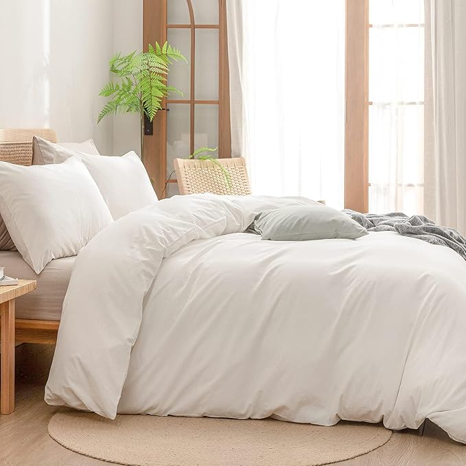 BESTOUCH Duvet Cover Set 100% Washed Cotton Linen Feel Super Soft Comfortable Chic Lightweight 3 PCs Home Bedding Set Solid Off White Oversized Full