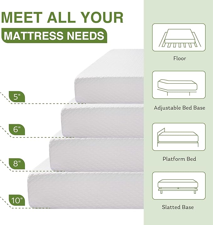 Full Size Memory Foam Mattress, 10 Inch Bed Mattress in a Box with Cooling Green Tea Gel, Relieve Pressure with Medium Support, CertiPUR-US Certified, 75''L x 54''W, White