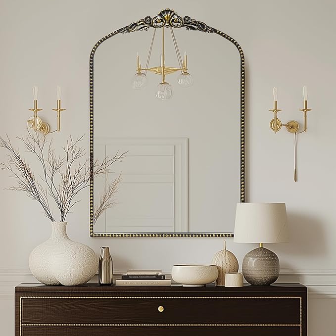 G-LEAF Vintage Baroque Mirror 24"X36", Victorian Antique Farmhouse Mantel Mirror with Black Brush Gold Ornate Metal Frame for Fireplace Entryway Living Room Hallway Bathroom