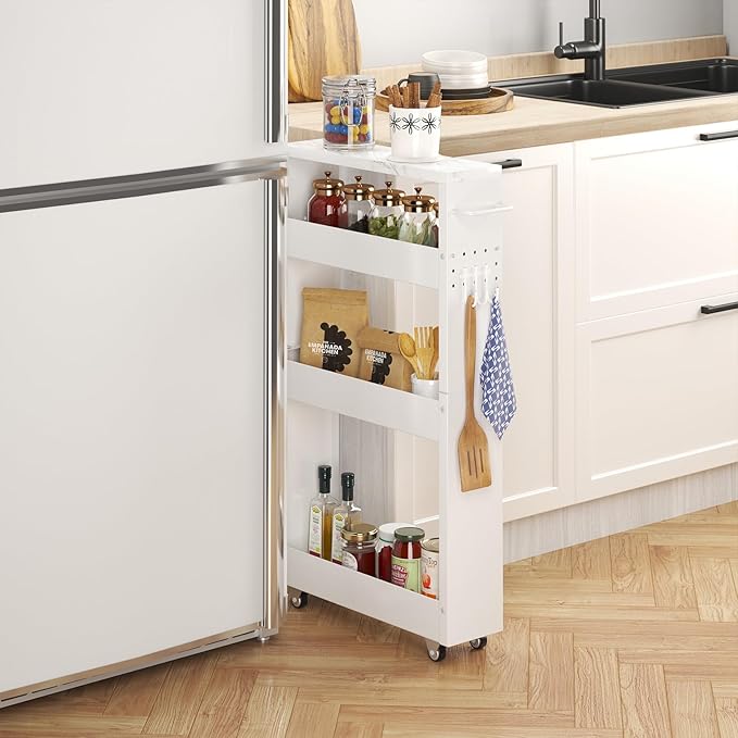 Slim Storage Cart, 5 in Width, 4-Tier White Rolling Cart with Handle & Wooden Top for Kitchen Bathroom Laundry Narrow Places
